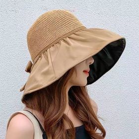 Women's Summer Foldable Weaving Cap; Sun Visor Brim Outdoor Traveling Beach Fishing Cap (Color: Khaki)