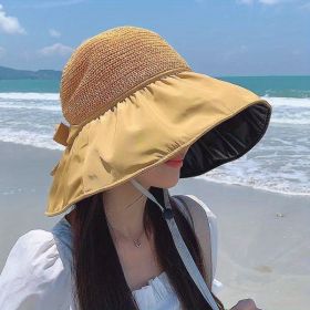 Women's Summer Foldable Weaving Cap; Sun Visor Brim Outdoor Traveling Beach Fishing Cap (Color: Yellow)