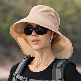 Wide Brim Shawl Ponytail Bucket Hat For Women; Outdoor Fishing Hiking UV Protection Bonnet (Color: 6# Beige)