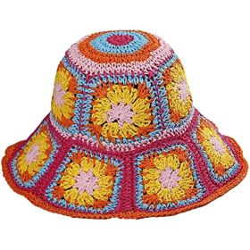 Women's Straw Sun Hat Floral Woven Bucket Hat Fishing Hat Beach Hat Hand Woven Foldable Cap (Color: Bucket Lightgreen)